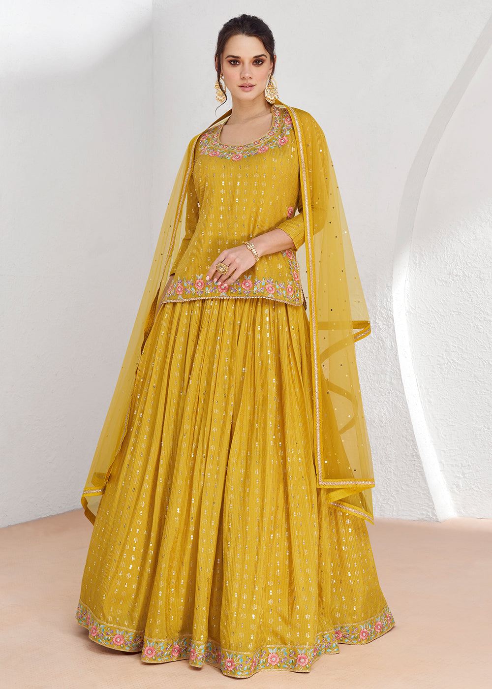 Buy Now Real Georgette Yellow Embroidered Kurti Style Lehenga Suit Online in USA, UK, Canada & Worldwide at Empress Clothing.