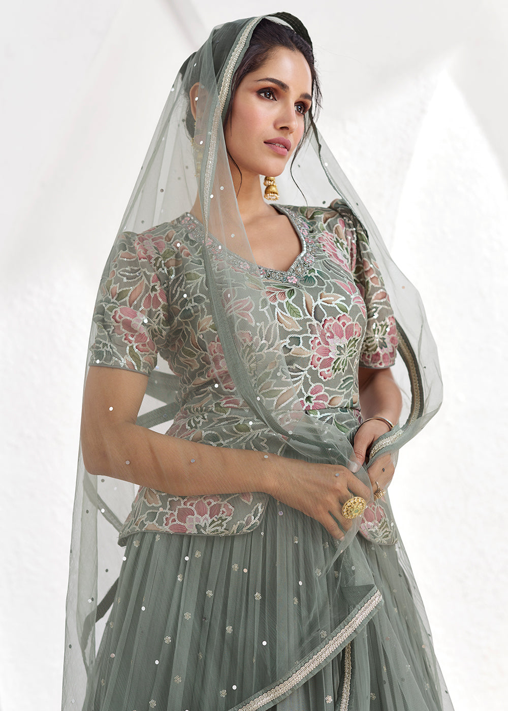 Buy Now Real Georgette Green Embroidered Kurti Style Lehenga Suit Online in USA, UK, Canada & Worldwide at Empress Clothing.