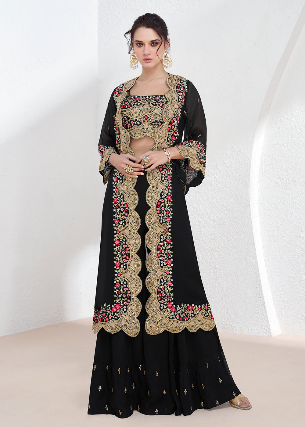 Buy Now Real Georgette Black Embroidered Indo Western Lehenga Suit Online in USA, UK, Canada & Worldwide at Empress Clothing. 