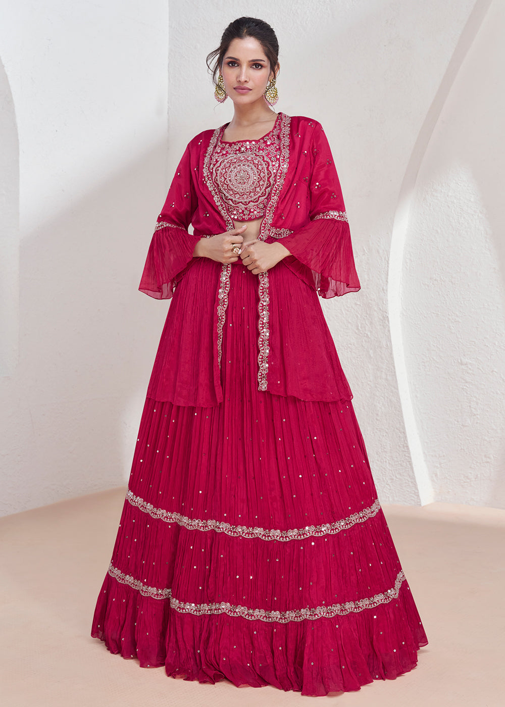 Buy Now Real Georgette Pink Embroidered Indo Western Lehenga Suit Online in USA, UK, Canada & Worldwide at Empress Clothing. 