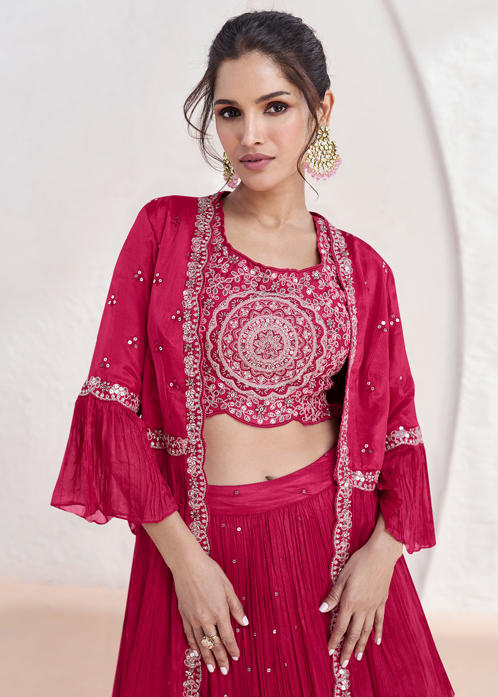 Buy Now Real Georgette Pink Embroidered Indo Western Lehenga Suit Online in USA, UK, Canada & Worldwide at Empress Clothing. 