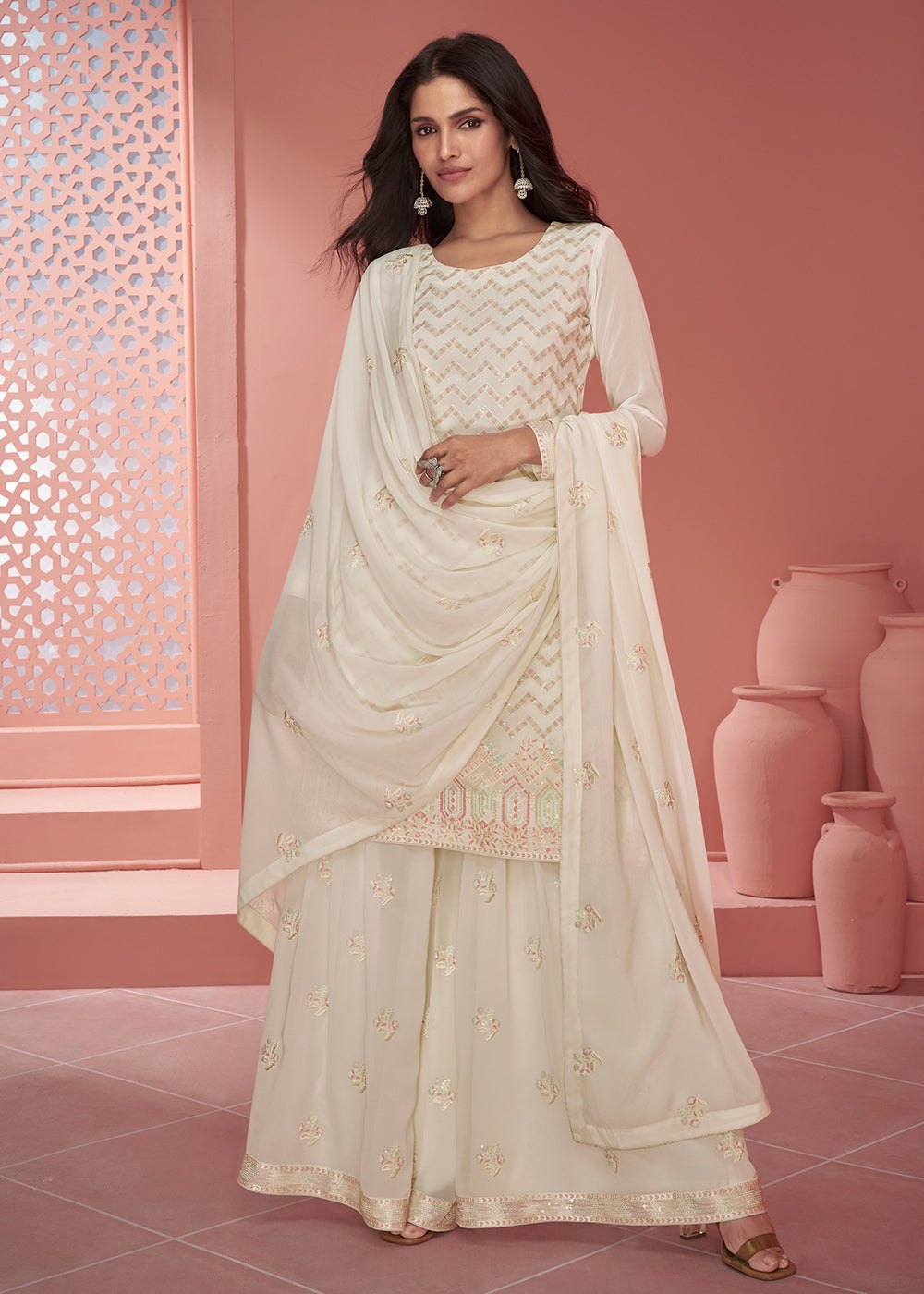Buy Now Georgette Attractive Off White Embroidered Palazzo Suit Online in USA, UK, Canada, Germany, Australia & Worldwide at Empress Clothing. 