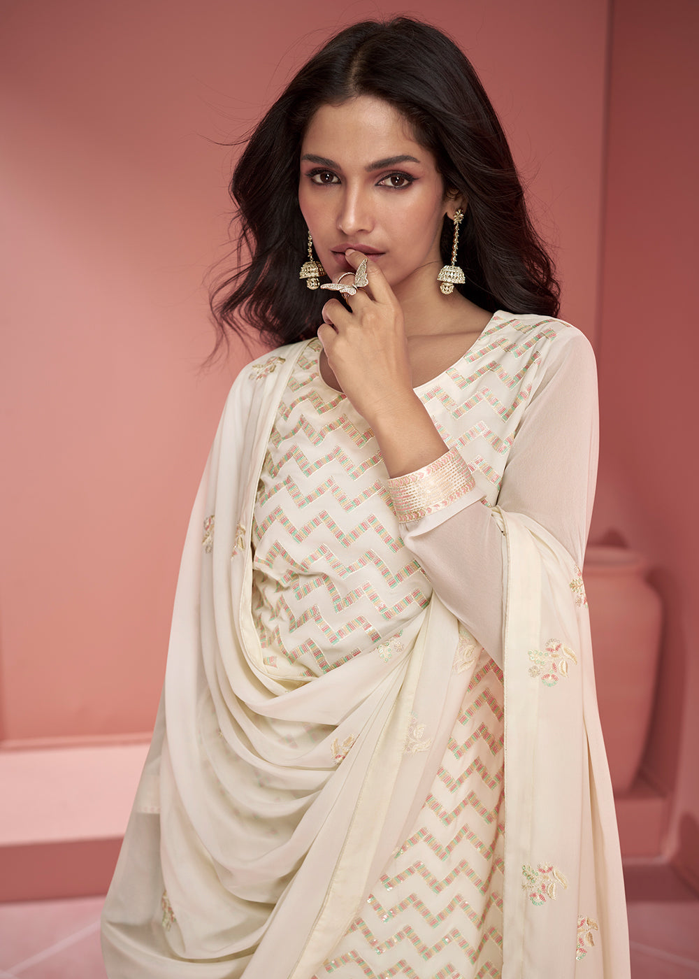 Buy Now Georgette Attractive Off White Embroidered Palazzo Suit Online in USA, UK, Canada, Germany, Australia & Worldwide at Empress Clothing. 