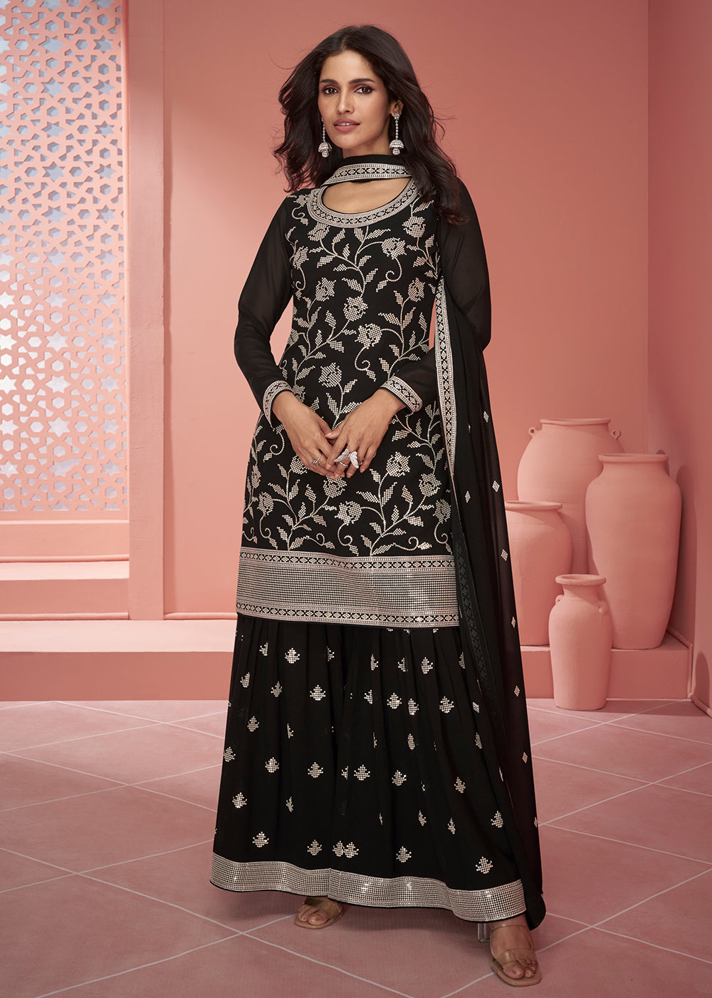 Buy Now Georgette Attractive Black Embroidered Palazzo Suit Online in USA, UK, Canada, Germany, Australia & Worldwide at Empress Clothing.
