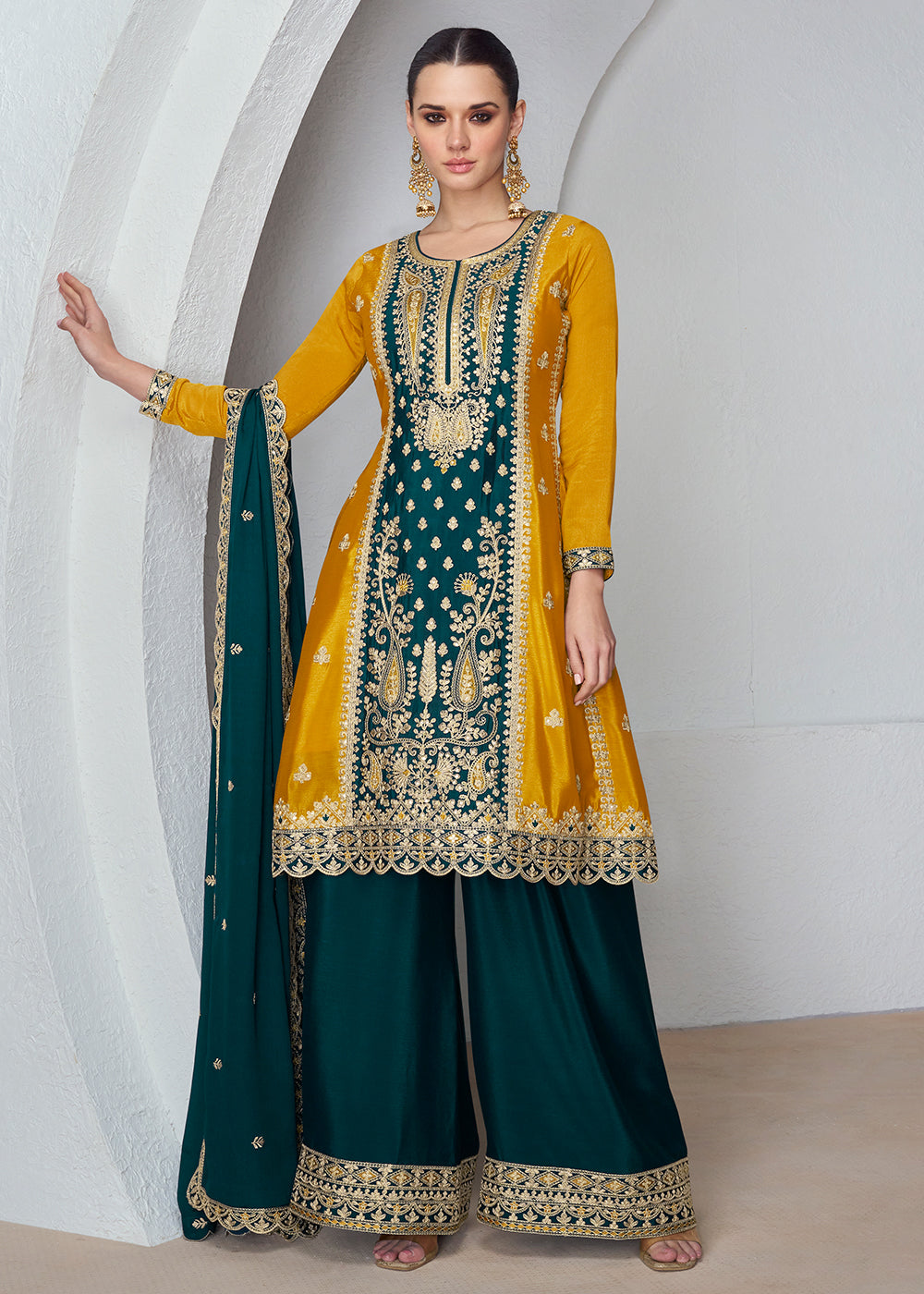 Buy Now Amazing Mustard & Teal Chinnon Silk Wedding Festive Palazzo Suit Online in USA, UK, Canada, Germany, Australia & Worldwide at Empress Clothing. 