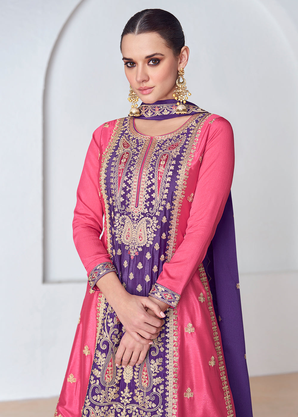 Buy Now Amazing Pink & Purple Chinnon Silk Wedding Festive Palazzo Suit Online in USA, UK, Canada, Germany, Australia & Worldwide at Empress Clothing.