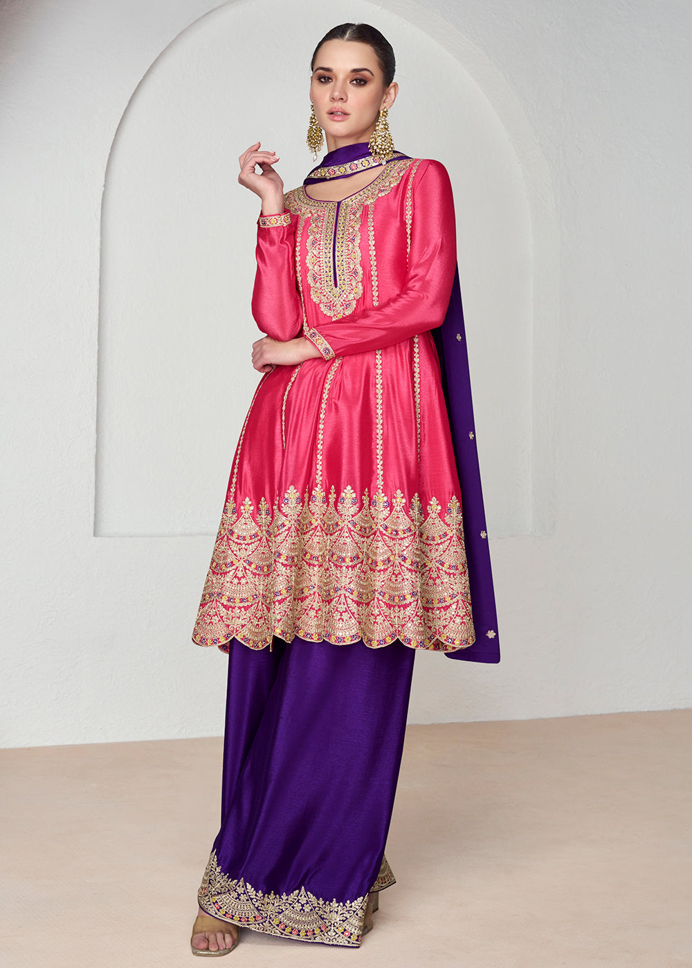 Buy Now Hot Pink & Purple Premium Chinnon Silk Palazzo Suit Online in USA, UK, Canada, Germany, Australia & Worldwide at Empress Clothing.