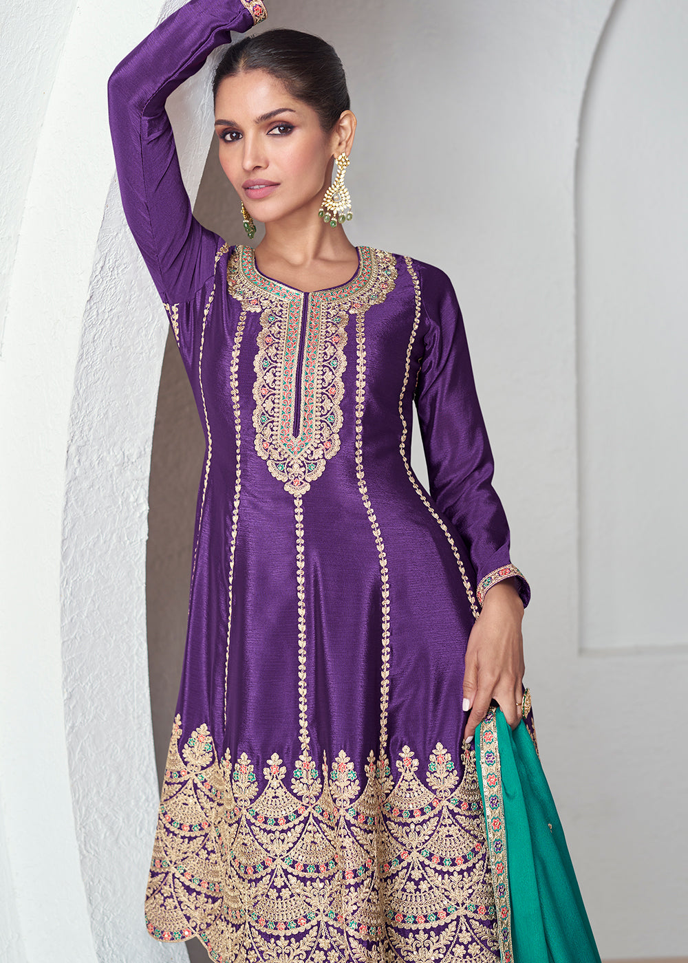 Buy Now Purple & Green Premium Chinnon Silk Palazzo Suit Online in USA, UK, Canada, Germany, Australia & Worldwide at Empress Clothing.