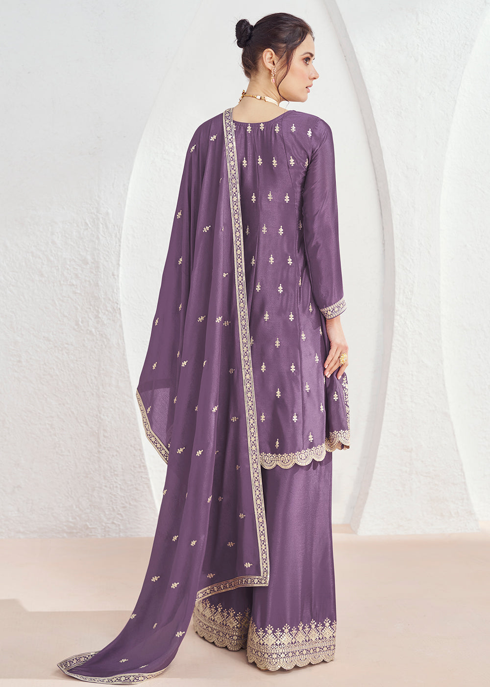 Buy Now Incredible Purple Embroidered Chinnon Festive Palazzo Suit Online in USA, UK, Canada, Germany, Australia & Worldwide at Empress Clothing. 