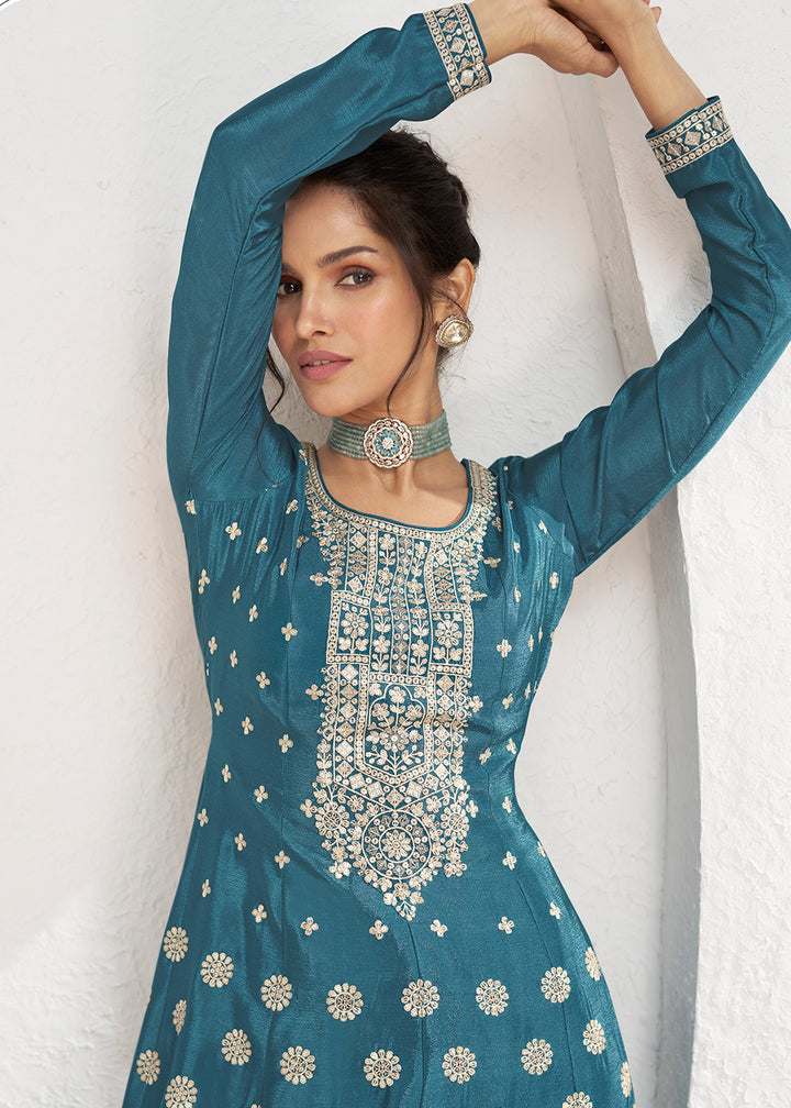 Incredible Teal Blue Embroidered Chinnon Festive Palazzo Suit