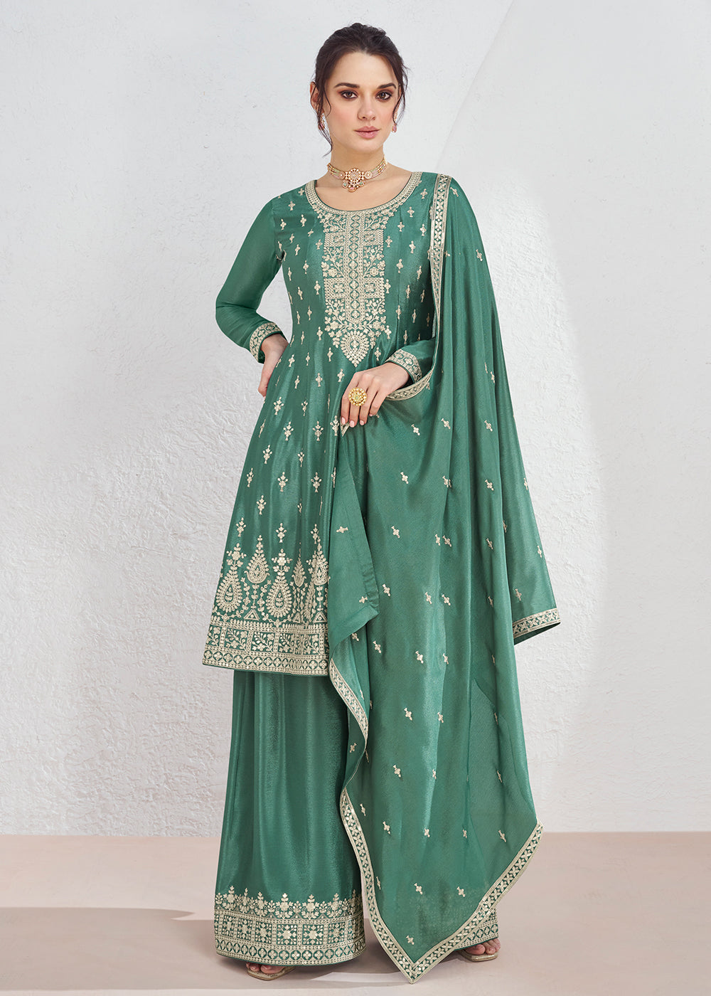 Buy Now Incredible Green Embroidered Chinnon Festive Palazzo Suit Online in USA, UK, Canada, Germany, Australia & Worldwide at Empress Clothing. 