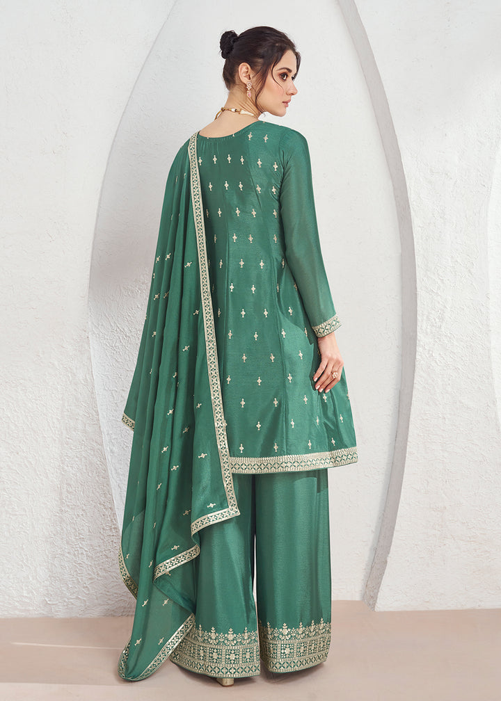Buy Now Incredible Green Embroidered Chinnon Festive Palazzo Suit Online in USA, UK, Canada, Germany, Australia & Worldwide at Empress Clothing. 