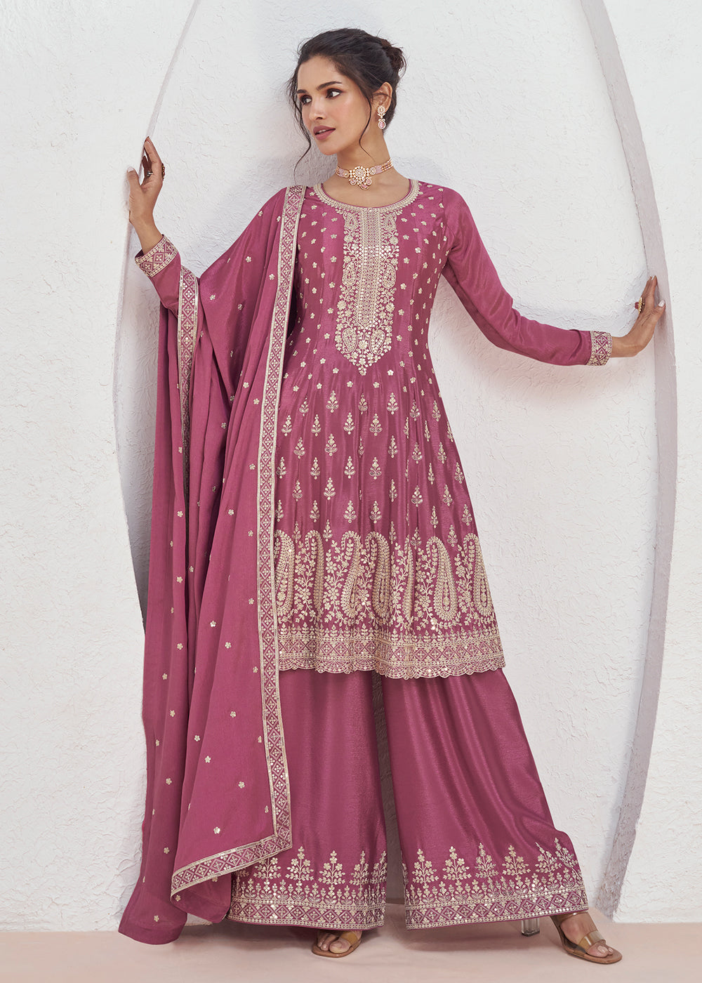Buy Now Incredible Pink Embroidered Chinnon Festive Palazzo Suit Online in USA, UK, Canada, Germany, Australia & Worldwide at Empress Clothing.