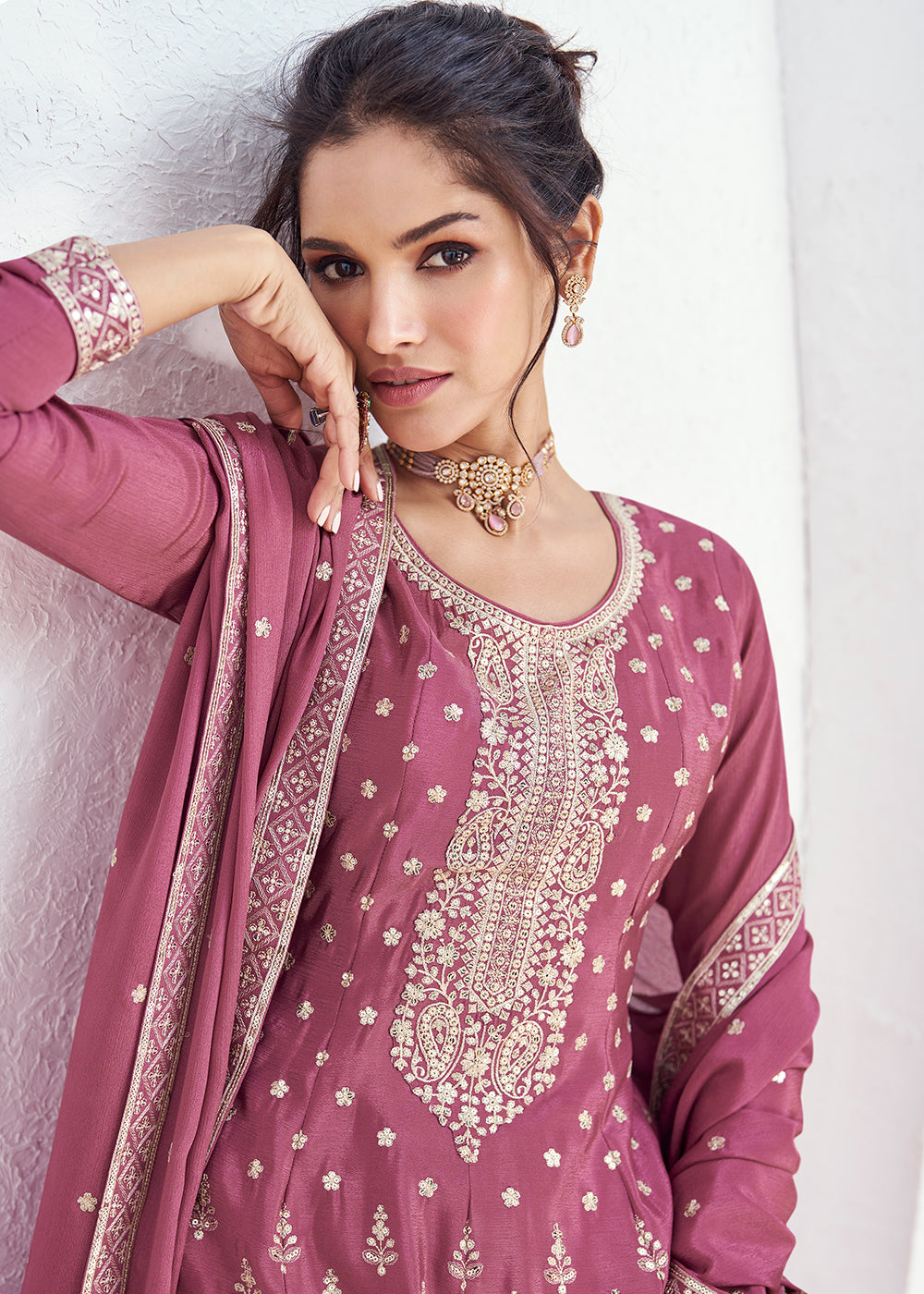 Buy Now Incredible Pink Embroidered Chinnon Festive Palazzo Suit Online in USA, UK, Canada, Germany, Australia & Worldwide at Empress Clothing.