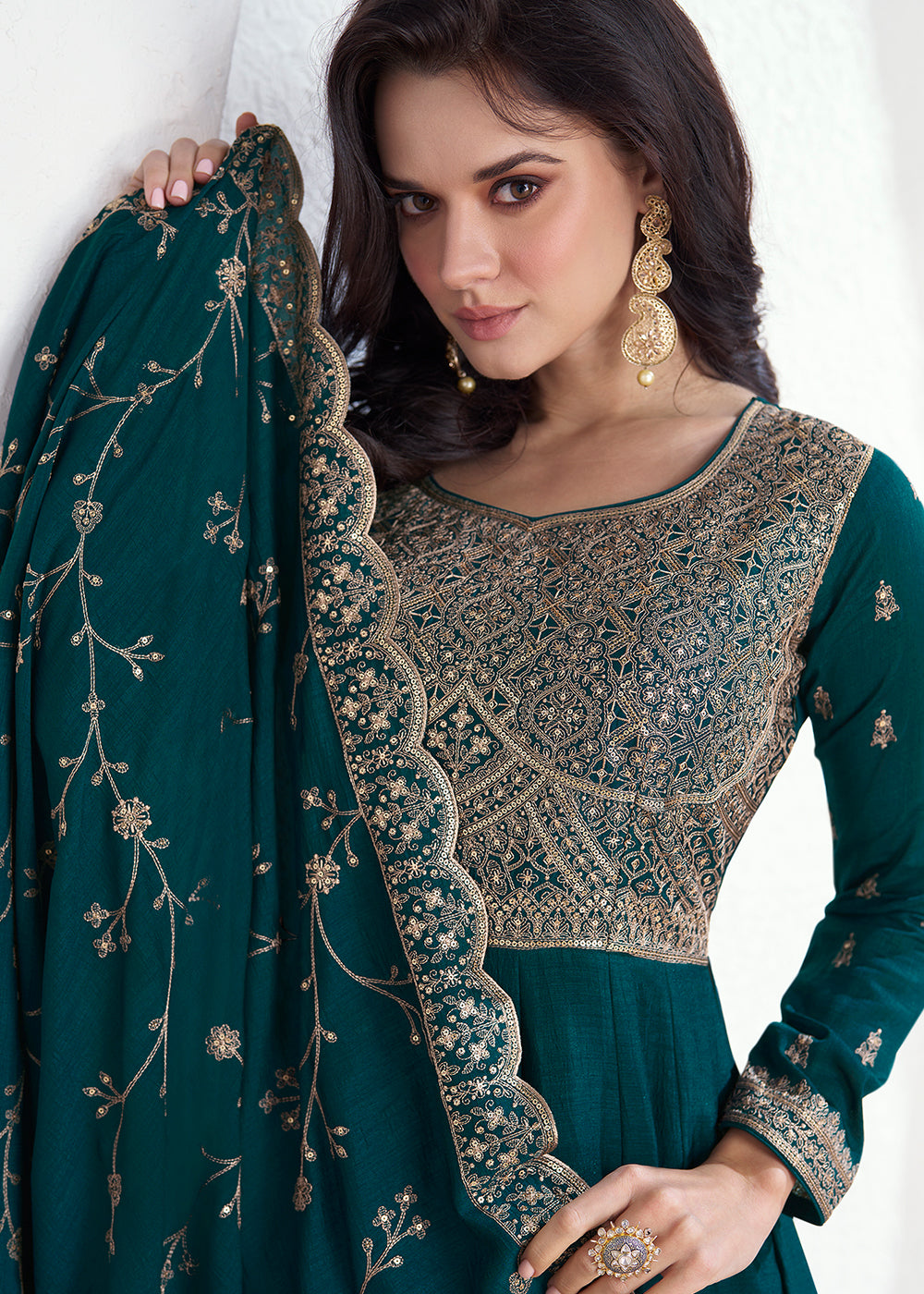 Buy Now Elegant Teal Embroidered Silk Wedding Anarkali Dress Online in USA, UK, Australia, New Zealand, Canada & Worldwide at Empress Clothing. 