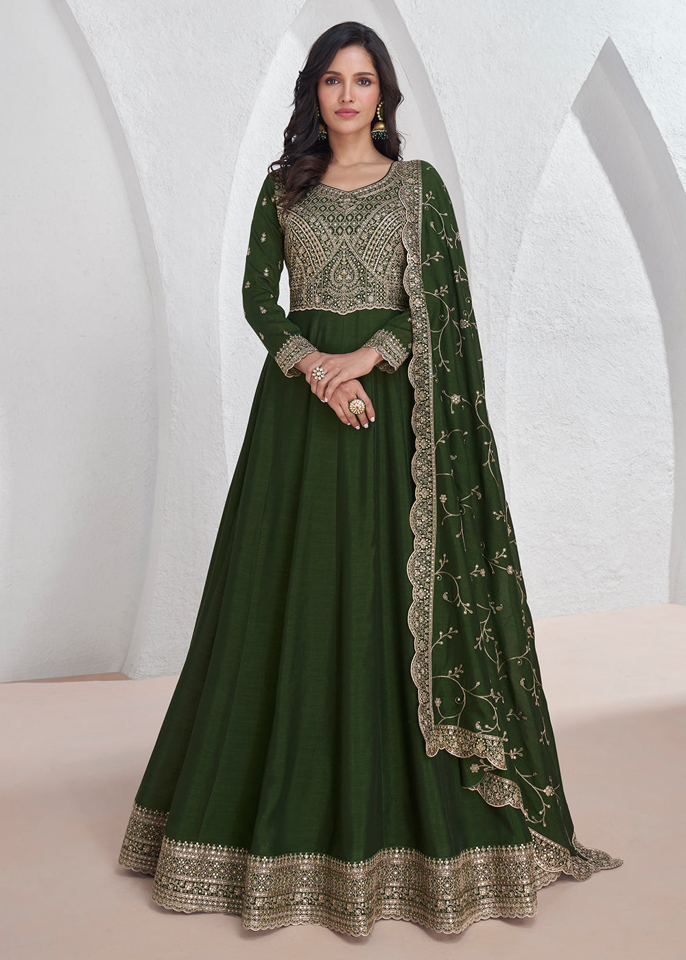 Buy Now Elegant Green Embroidered Silk Wedding Anarkali Dress Online in USA, UK, Australia, New Zealand, Canada & Worldwide at Empress Clothing. 