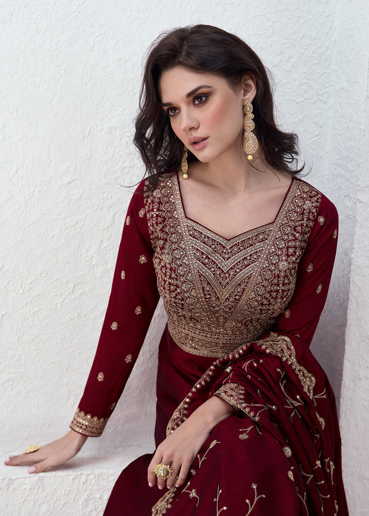 Buy Now Elegant Maroon Embroidered Silk Wedding Anarkali Dress Online in USA, UK, Australia, New Zealand, Canada & Worldwide at Empress Clothing. 