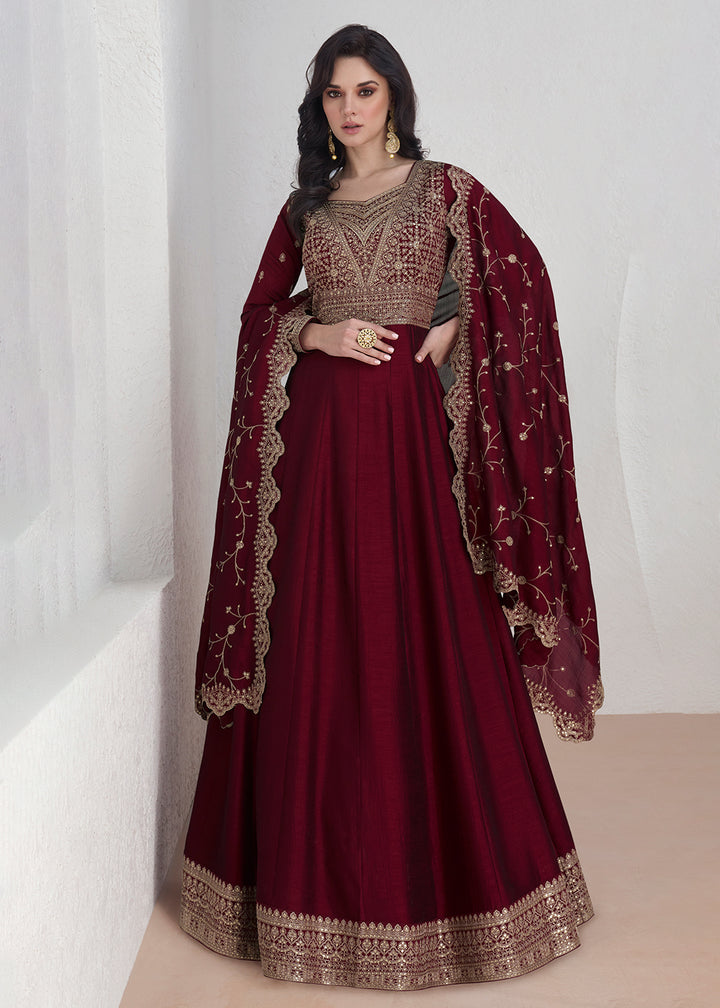 Buy Now Elegant Maroon Embroidered Silk Wedding Anarkali Dress Online in USA, UK, Australia, New Zealand, Canada & Worldwide at Empress Clothing. 