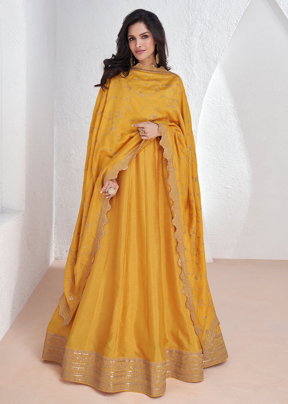 Buy Now Elegant Yellow Embroidered Silk Wedding Anarkali Dress Online in USA, UK, Australia, New Zealand, Canada & Worldwide at Empress Clothing.