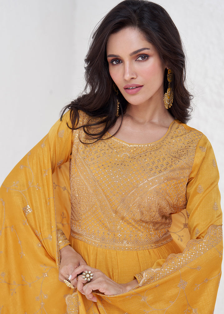 Buy Now Elegant Yellow Embroidered Silk Wedding Anarkali Dress Online in USA, UK, Australia, New Zealand, Canada & Worldwide at Empress Clothing.