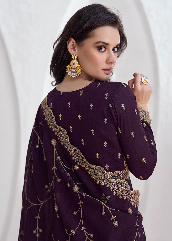 Buy Now Elegant Purple Embroidered Silk Wedding Anarkali Dress Online in USA, UK, Australia, New Zealand, Canada & Worldwide at Empress Clothing.