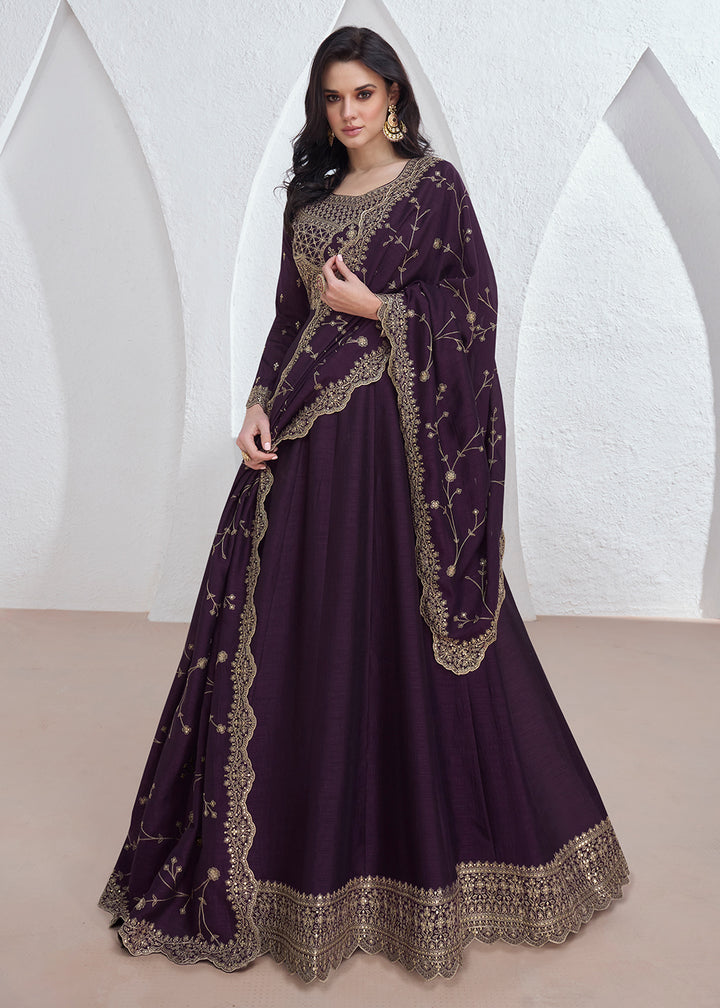 Buy Now Elegant Purple Embroidered Silk Wedding Anarkali Dress Online in USA, UK, Australia, New Zealand, Canada & Worldwide at Empress Clothing.