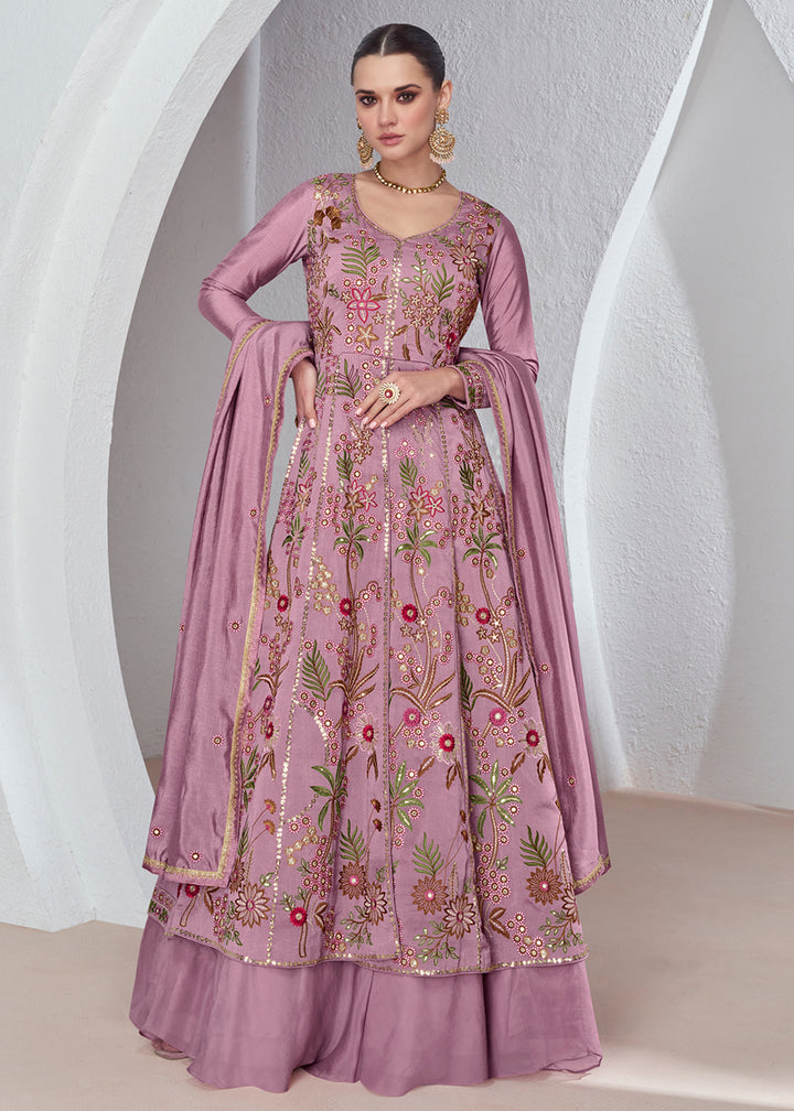 Buy Now Rose Pink Front Slit Embroidered Lehenga Skirt Suit Online in USA, UK, Canada, Germany, Australia & Worldwide at Empress Clothing.