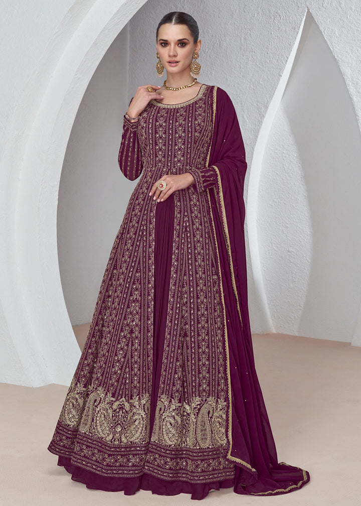Buy Now Wine Plum Front Slit Embroidered Lehenga Skirt Suit Online in USA, UK, Canada, Germany, Australia & Worldwide at Empress Clothing. 