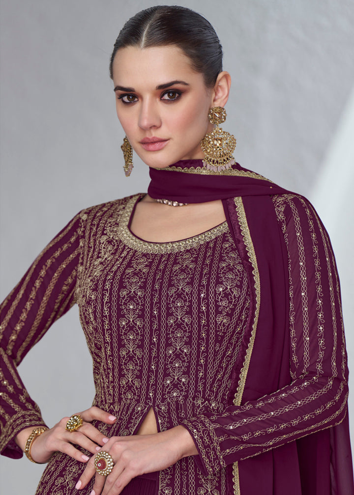 Buy Now Wine Plum Front Slit Embroidered Lehenga Skirt Suit Online in USA, UK, Canada, Germany, Australia & Worldwide at Empress Clothing. 