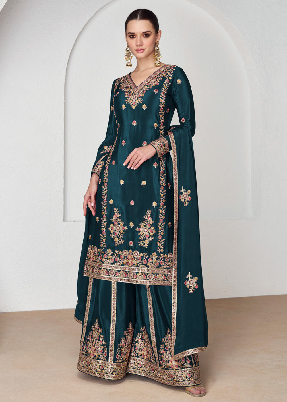 Buy Now Palazzo Style Premium Chinnon Silk Teal Blue Festive Suit Online in USA, UK, Canada, Germany, Australia & Worldwide at Empress Clothing.
