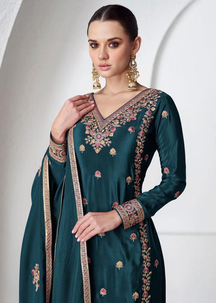 Buy Now Palazzo Style Premium Chinnon Silk Teal Blue Festive Suit Online in USA, UK, Canada, Germany, Australia & Worldwide at Empress Clothing.
