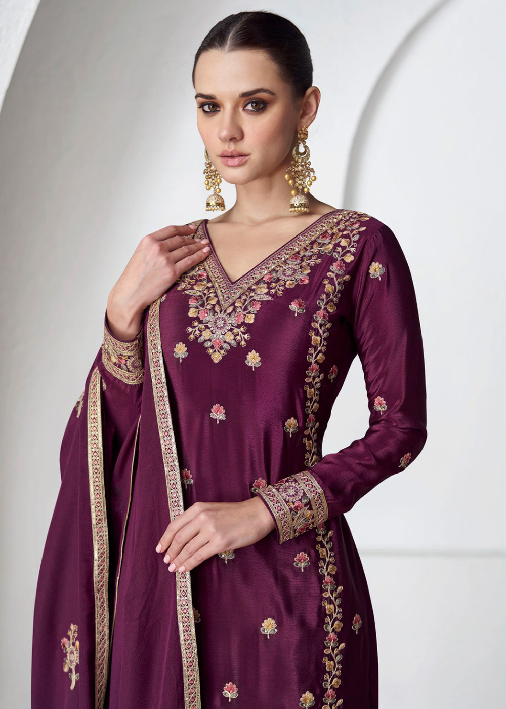 Buy Now Palazzo Style Premium Chinnon Silk Wine Festive Suit Online in USA, UK, Canada, Germany, Australia & Worldwide at Empress Clothing