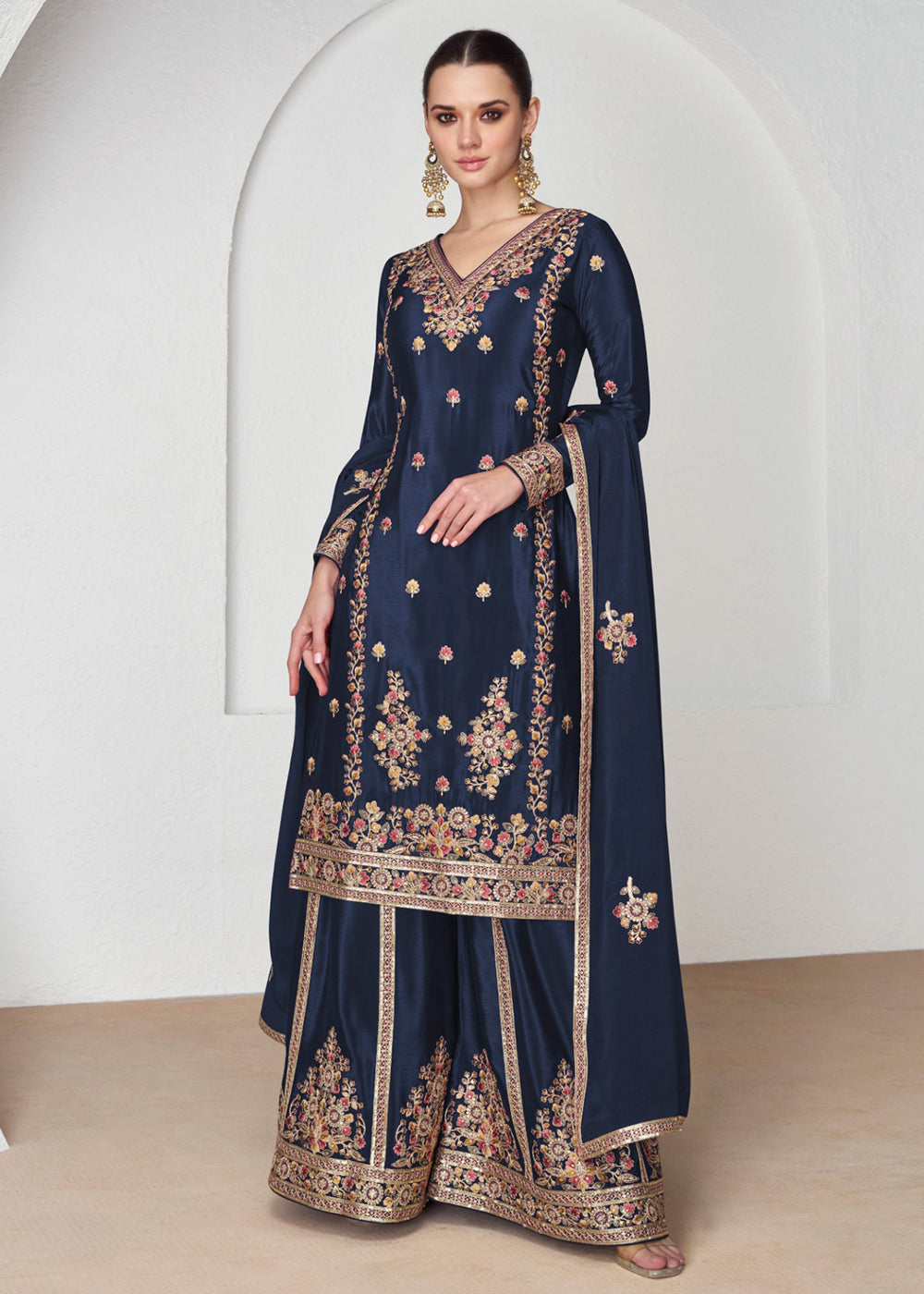 Buy Now Palazzo Style Premium Chinnon Silk Navy Blue Festive Suit Online in USA, UK, Canada, Germany, Australia & Worldwide at Empress Clothing.