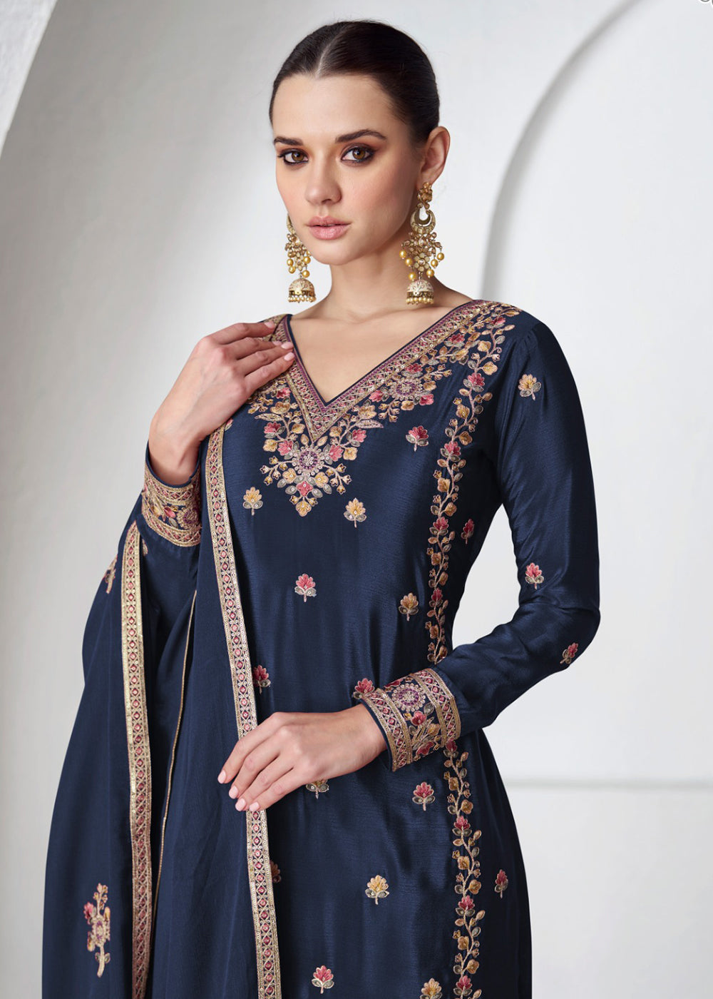 Buy Now Palazzo Style Premium Chinnon Silk Navy Blue Festive Suit Online in USA, UK, Canada, Germany, Australia & Worldwide at Empress Clothing.