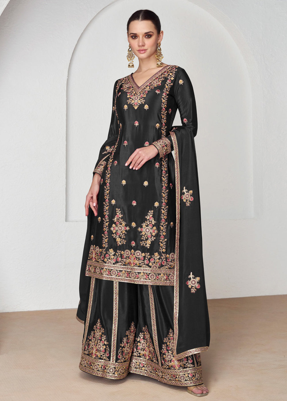 Buy Now Palazzo Style Premium Chinnon Silk Black Festive Suit Online in USA, UK, Canada, Germany, Australia & Worldwide at Empress Clothing. 