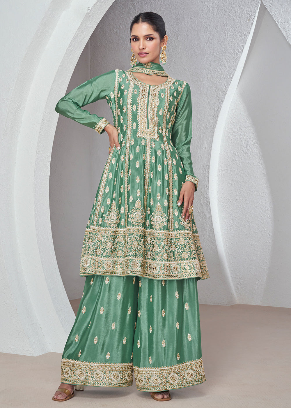 Buy Now Mint Green Chinnon Silk Wedding Festive Palazzo Dress Online in USA, UK, Canada, Germany, Australia & Worldwide at Empress Clothing.