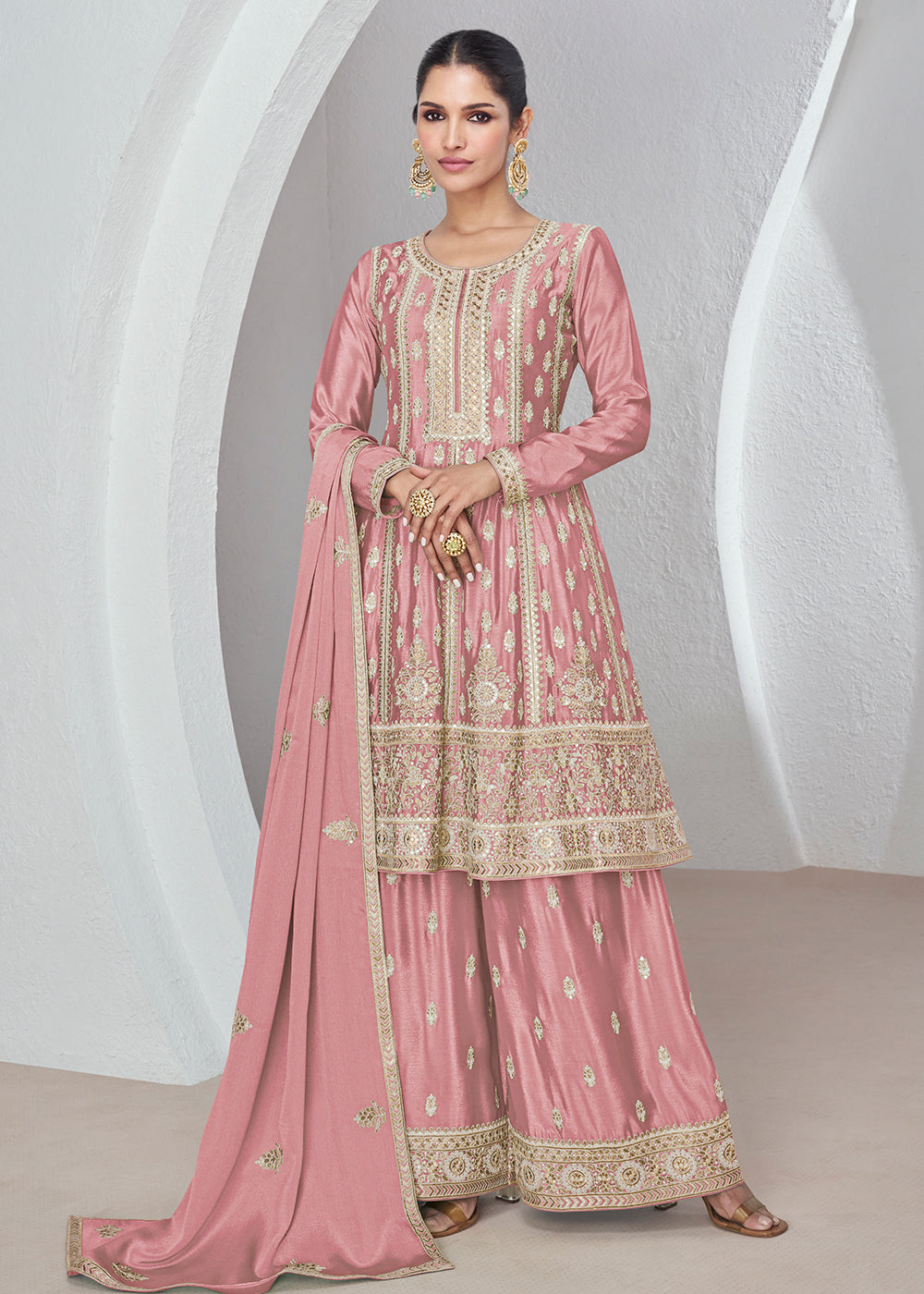 Buy Now Coral Pink Chinnon Silk Wedding Festive Palazzo Dress Online in USA, UK, Canada, Germany, Australia & Worldwide at Empress Clothing. 