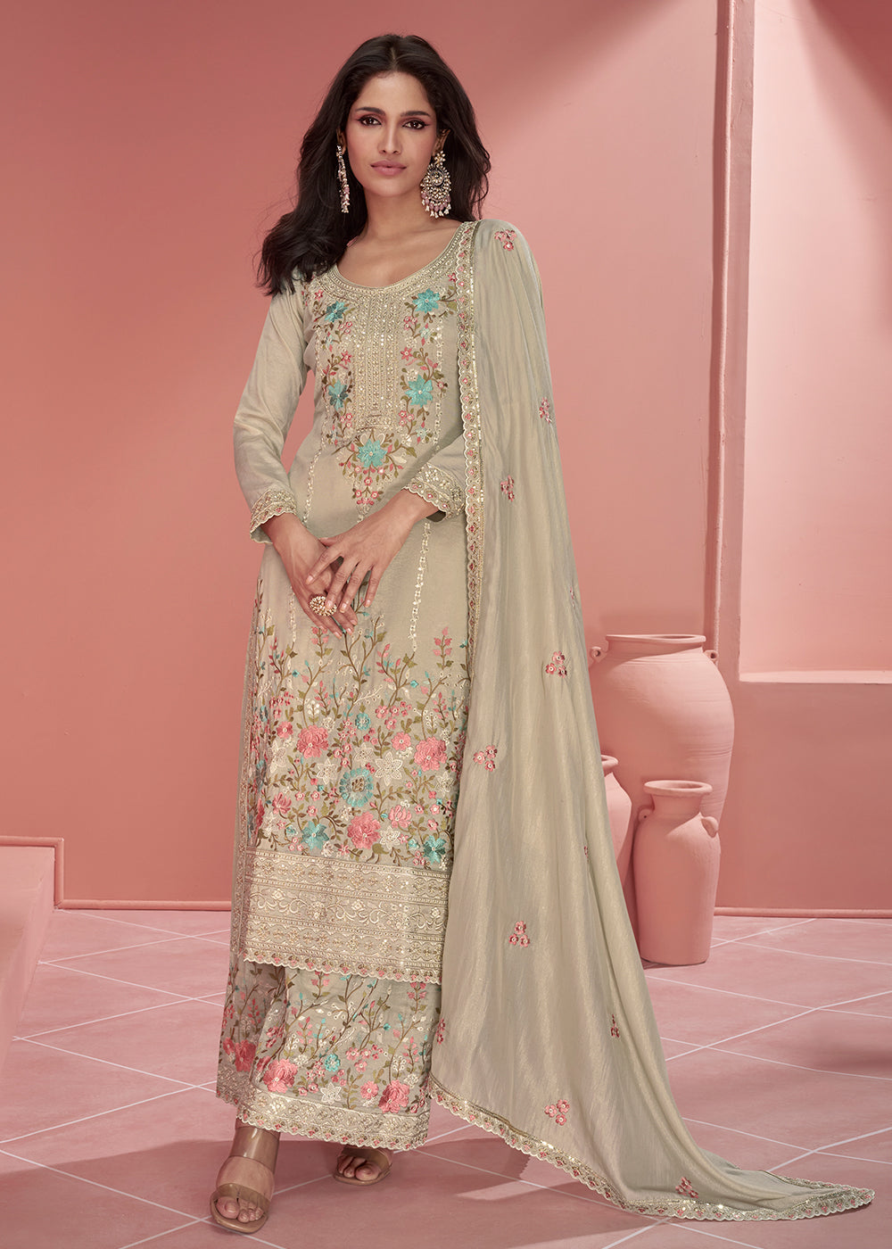 Buy Now Beige Organza Simar Silk Embroidered Palazzo Style Suit Online in USA, UK, Canada, Germany, Australia & Worldwide at Empress Clothing.