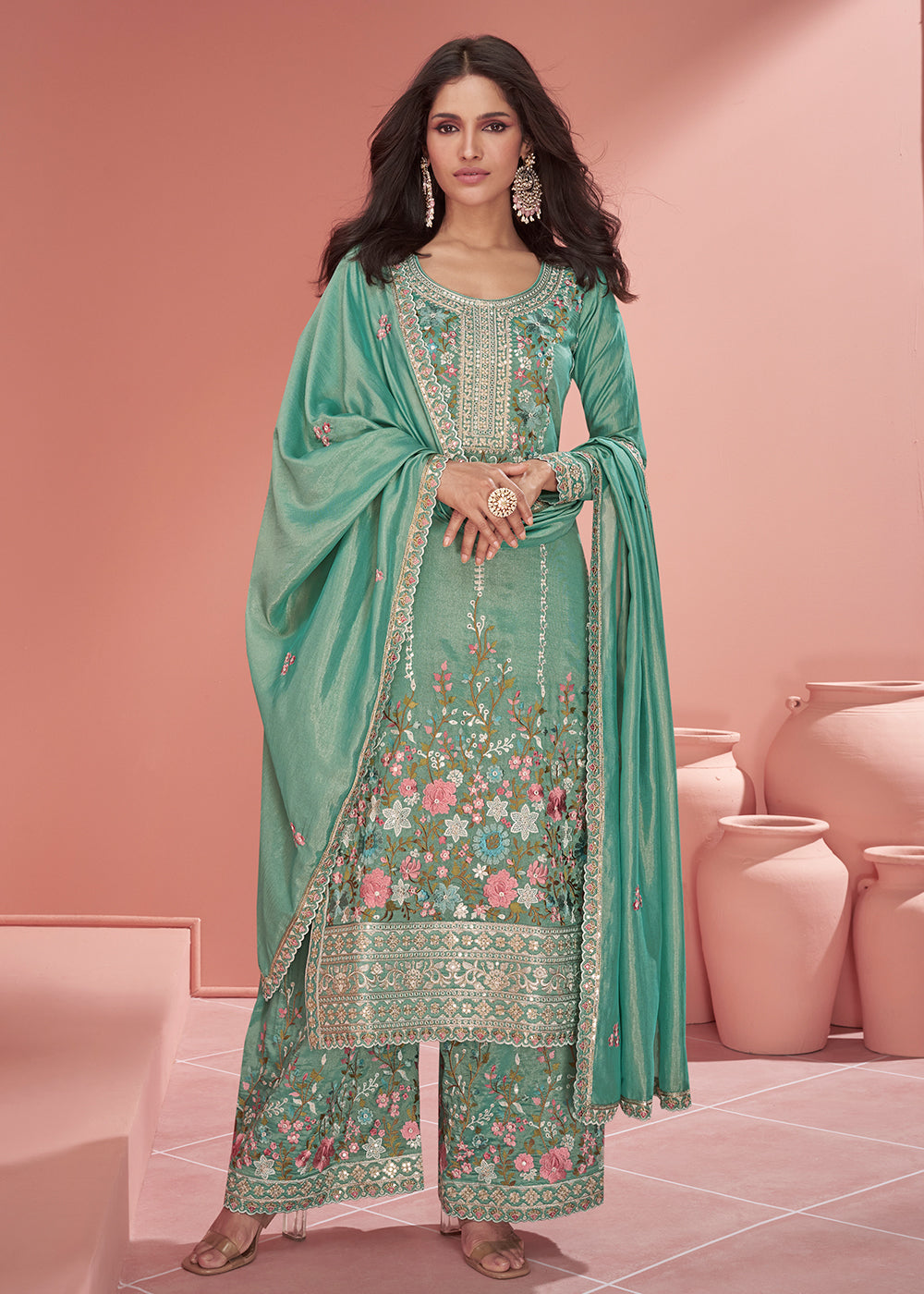 Buy Now Teal Green Organza Simar Silk Embroidered Palazzo Style Suit Online in USA, UK, Canada, Germany, Australia & Worldwide at Empress Clothing. 