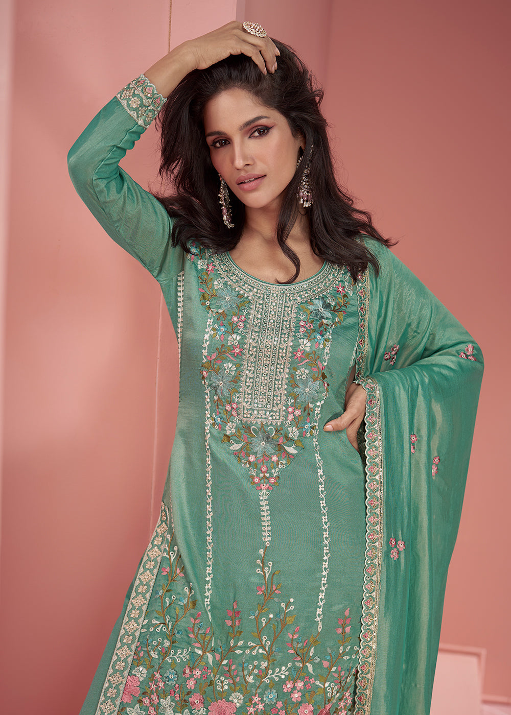 Buy Now Teal Green Organza Simar Silk Embroidered Palazzo Style Suit Online in USA, UK, Canada, Germany, Australia & Worldwide at Empress Clothing. 