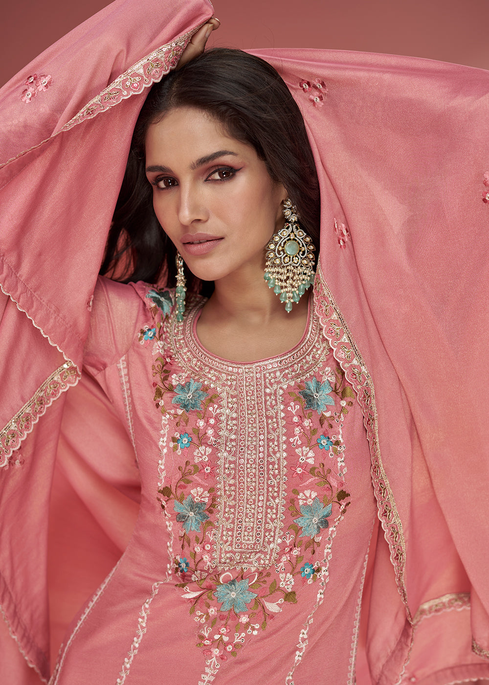 Buy Now Pink Organza Simar Silk Embroidered Palazzo Style Suit Online in USA, UK, Canada, Germany, Australia & Worldwide at Empress Clothing.