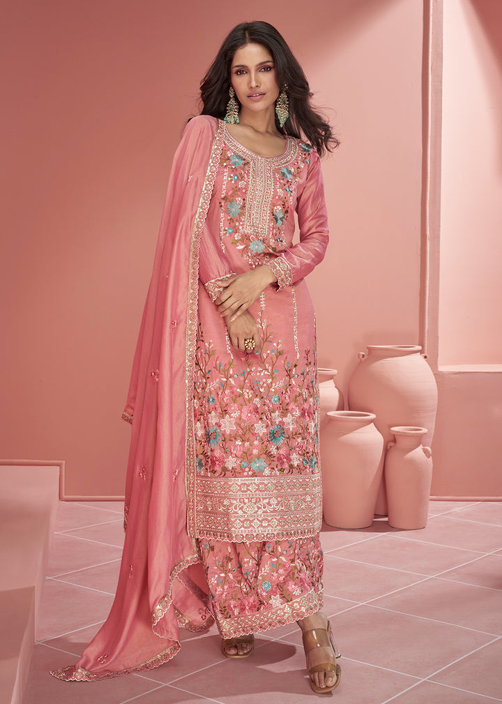 Buy Now Pink Organza Simar Silk Embroidered Palazzo Style Suit Online in USA, UK, Canada, Germany, Australia & Worldwide at Empress Clothing.