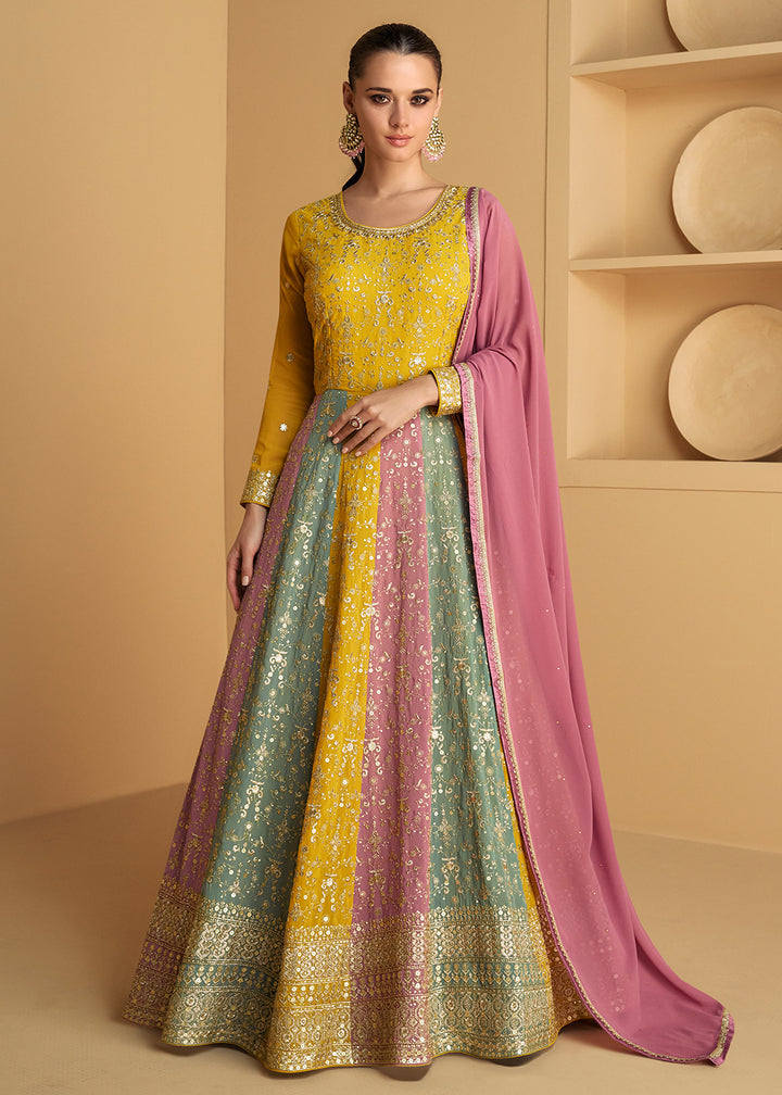 Buy Now Yellow & Multicolor Embroidered Wedding Wear Anarkali Suit Online in USA, UK, Australia, New Zealand, Canada & Worldwide at Empress Clothing.