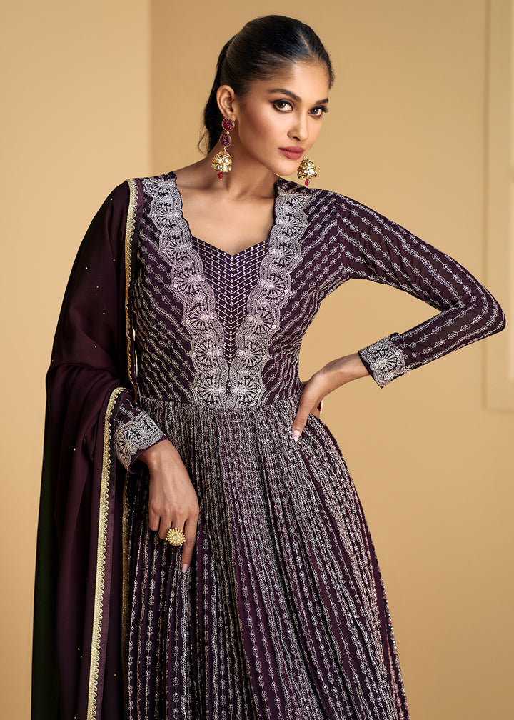 Buy Now Plum Purple Embroidered Wedding Style Anarkali Suit Online in USA, UK, Australia, New Zealand, Canada & Worldwide at Empress Clothing.