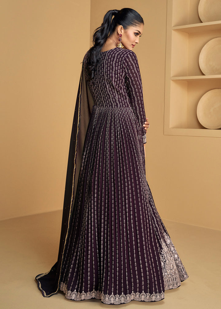 Buy Now Plum Purple Embroidered Wedding Style Anarkali Suit Online in USA, UK, Australia, New Zealand, Canada & Worldwide at Empress Clothing.