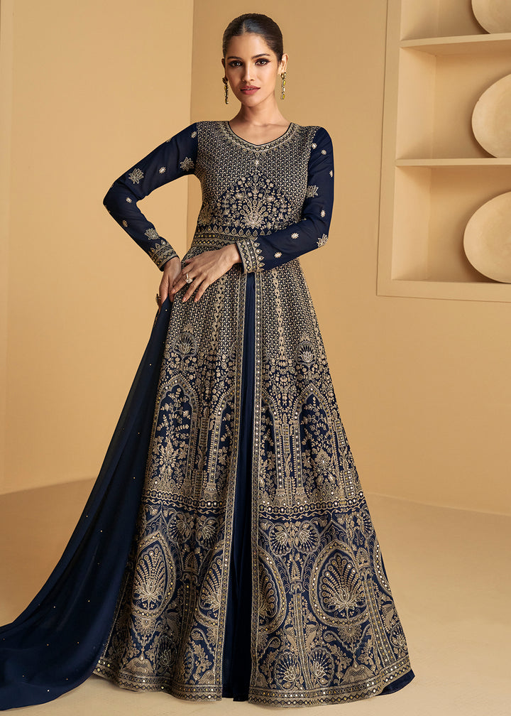 Buy Now Blue Embroidered Wedding Style Lehenga Anarkali Suit Online in USA, UK, Australia, New Zealand, Canada & Worldwide at Empress Clothing.