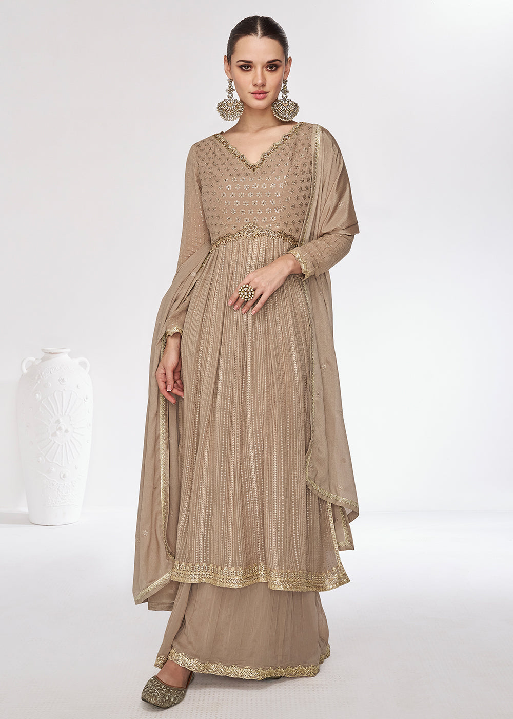 Buy Now Georgette Premium Beige Embroidered Palazzo Salwar Suit Online in USA, UK, Canada, Germany, Australia & Worldwide at Empress Clothing.