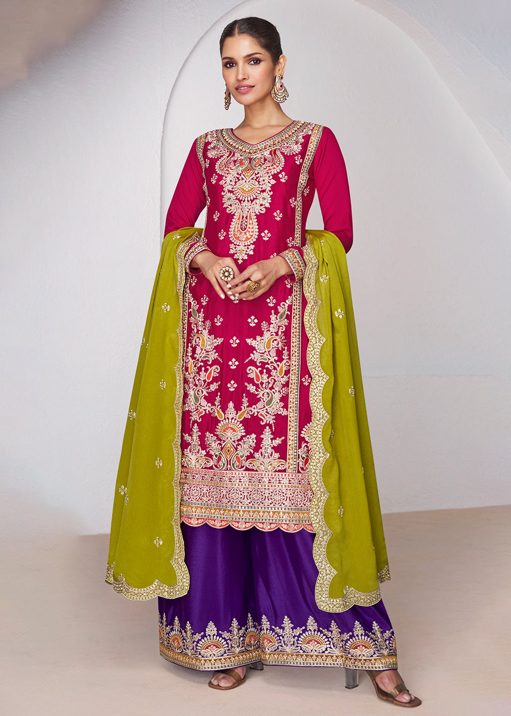 Buy Now Hot Pink & Purple Ceremonial Designer Palazzo Suit Online in USA, UK, Canada, Germany, Australia & Worldwide at Empress Clothing. 