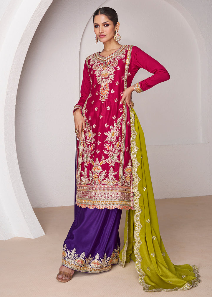 Buy Now Hot Pink & Purple Ceremonial Designer Palazzo Suit Online in USA, UK, Canada, Germany, Australia & Worldwide at Empress Clothing. 