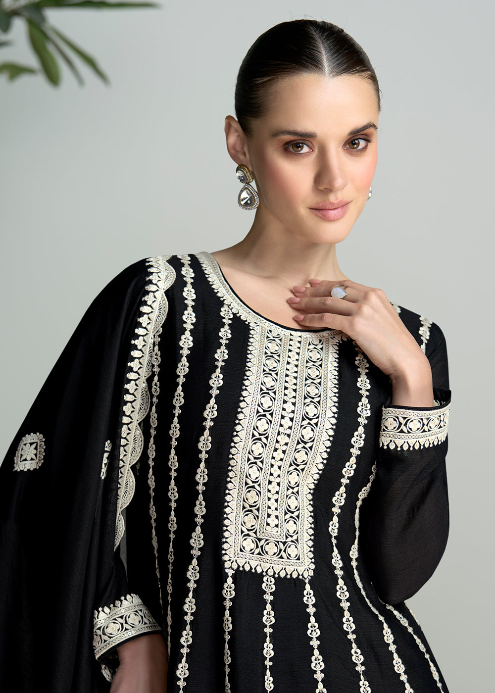 Buy Now Embroidered Black Chinnon Wedding Festive Palazzo Suit Online in USA, UK, Canada, Germany, Australia & Worldwide at Empress Clothing.